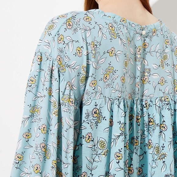 Loft Women’s Aqua Floral Print Mixed Blouse Size XS Blouson Sleeves - Picture 2 of 10